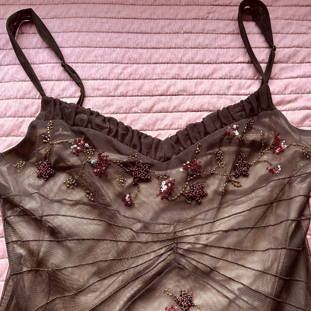 BCBGMaxAzria Elegant Brown mesh beaded sequins stretch lined dress 12